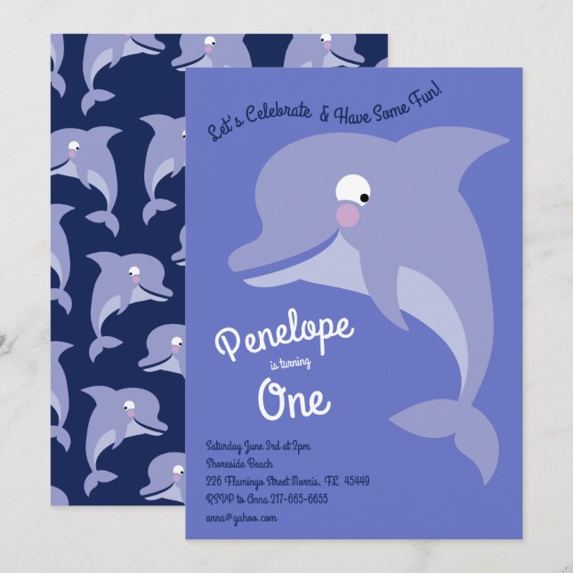 Cute Dolphin Kids 1:a födelsedagen Party Inbjudningar (Fram/baksida)
