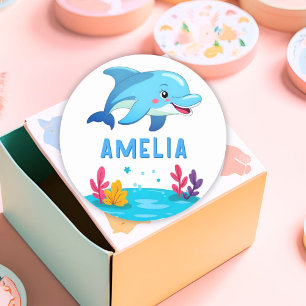 Cute Dolphin Sea Animals Namn Runt Klistermärke