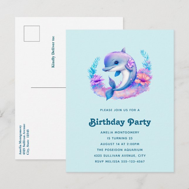 Cute Dolphin Sea Creatday Birthday Inbjudan Vykort (Fram/baksida)