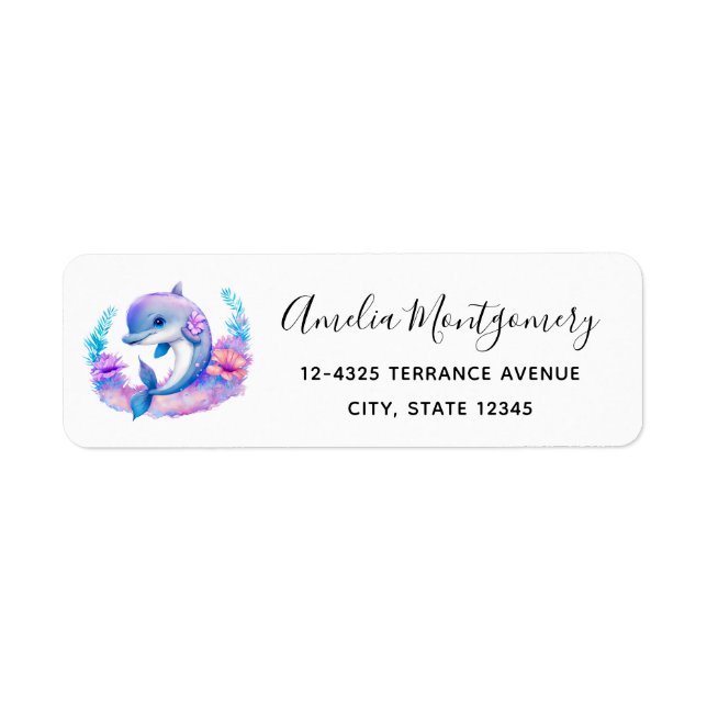 Cute Dolphin Sea Creature Adress Returadress Etikett (Framsidan)