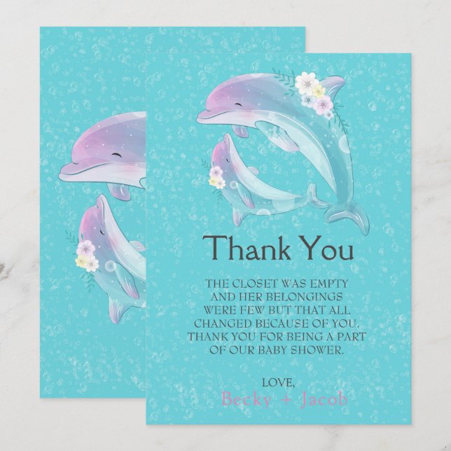Cute Dolphins Girl Baby Shower Tack för ditt kort (Fram/baksida)