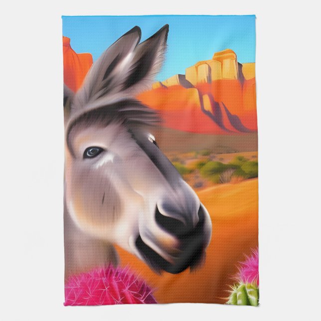 Cute Donkey med blommar cactus Kökshandduk (Vertikal)