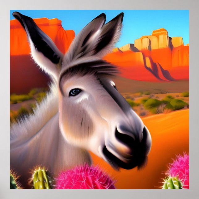 Cute Donkey med blommar cactus Poster (Framsidan)