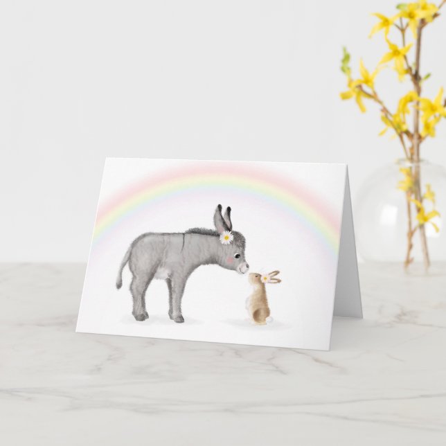 Cute donkey och kanin Påsk-kort Kort (Gul blomma)