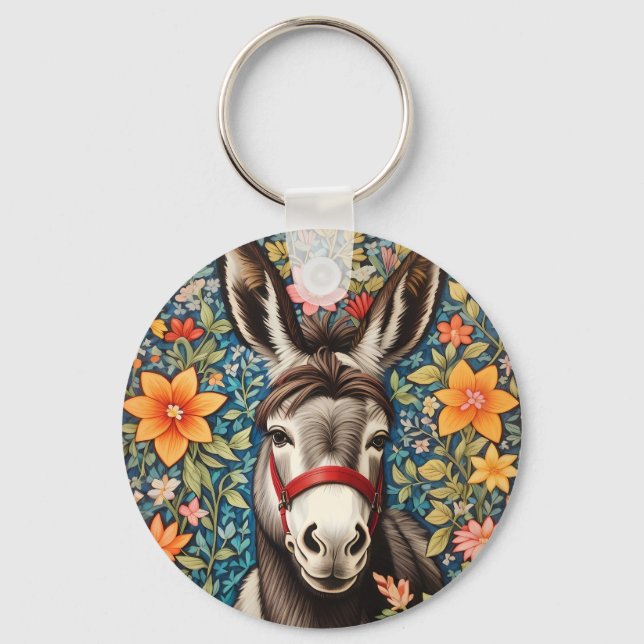 Cute Donkey On Colorful Floral Background Nyckelring (Framsida)