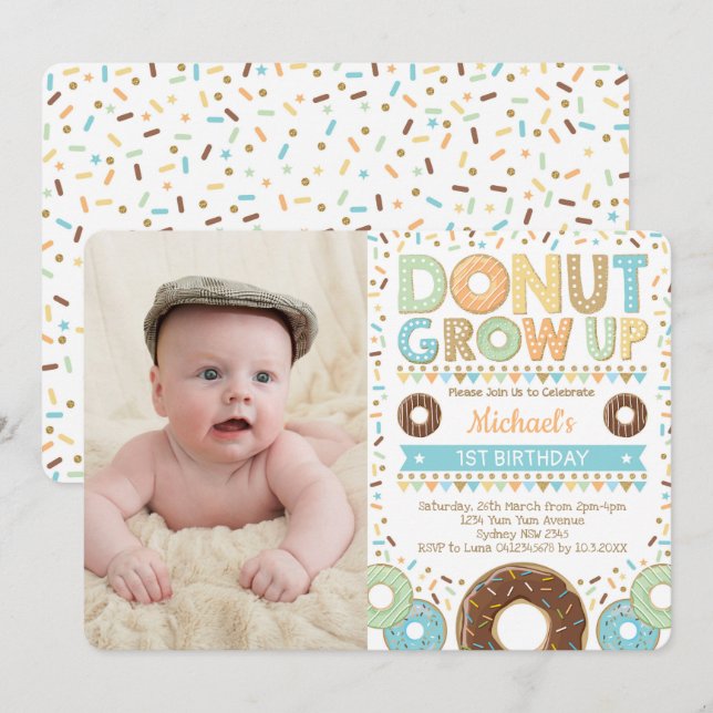 Cute Donut 1:a födelsedagen: Doughnut Sprinkles Bo Inbjudningar (Fram/baksida)