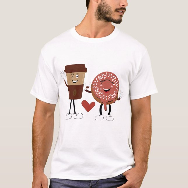 Cute Donut and Coffee Couple Valentine Design T Shirt (Framsida)