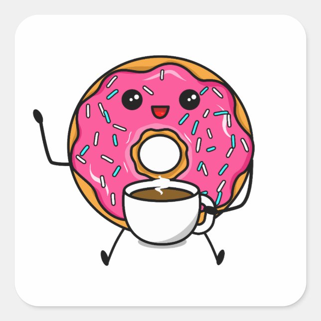 Cute Donut med kaffe Fyrkantigt Klistermärke (Framsida)