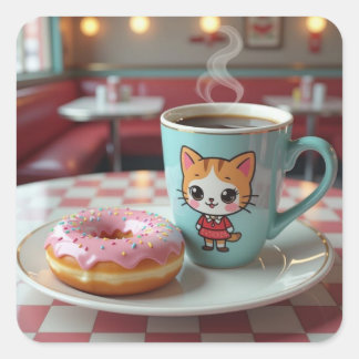 Cute Donut och kaffe i Retro Middag Fyrkantigt Klistermärke