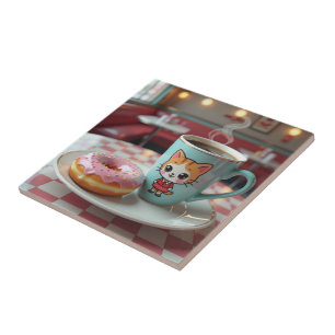 Cute Donut och kaffe i Retro Middag Kakelplatta