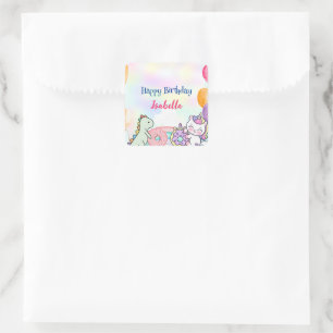 Cute Donuts Dino Unicorn Birthday Rainbow Party Fyrkantigt Klistermärke