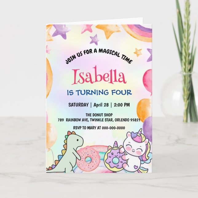 Cute Donuts Dino Unicorn Birthday Rainbow Party Inbjudan (Framsida)