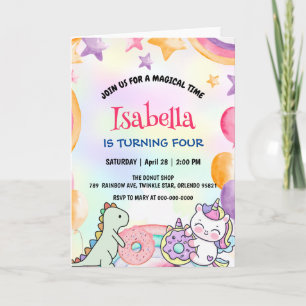 Cute Donuts Dino Unicorn Birthday Rainbow Party Inbjudan