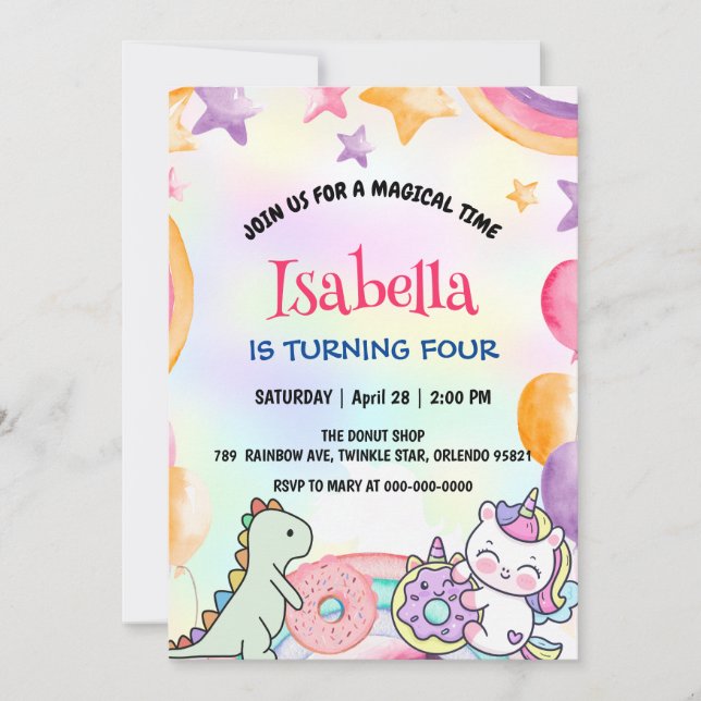 Cute Donuts Dino Unicorn Birthday Rainbow Party Inbjudningar (Framsida)