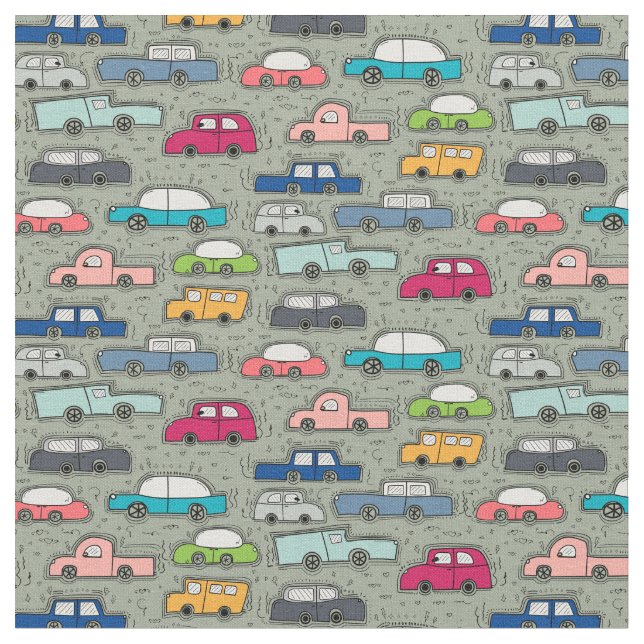 Cute Doodle Car Automobile Mönster Tyg (Närbild)