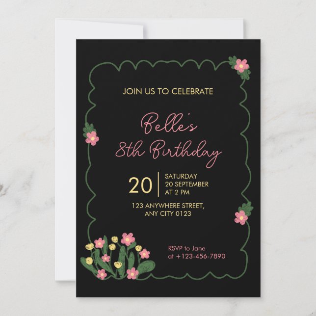 Cute Doodle Flower Frame Kids Birthday Invitation Inbjudningar (Framsida)