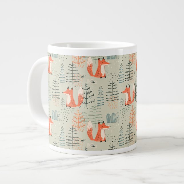 Cute Doodle Fox Forest Woodland Mönster Jumbo Mugg (Framsida vänster)