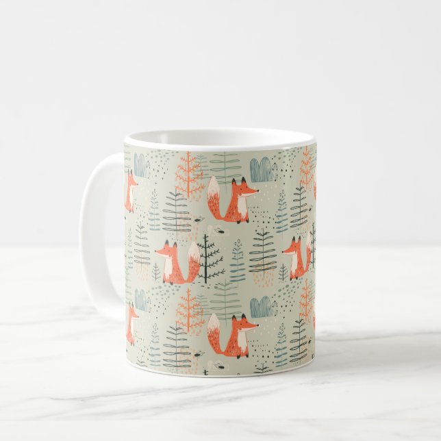 Cute Doodle Fox Forest Woodland Mönster Kaffemugg (Framsida vänster)