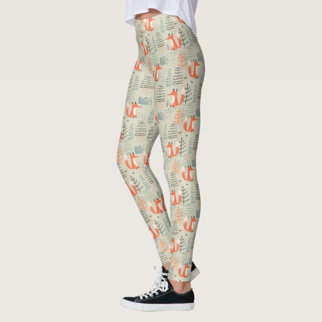 Cute Doodle Fox Forest Woodland Mönster Leggings (Vänster)