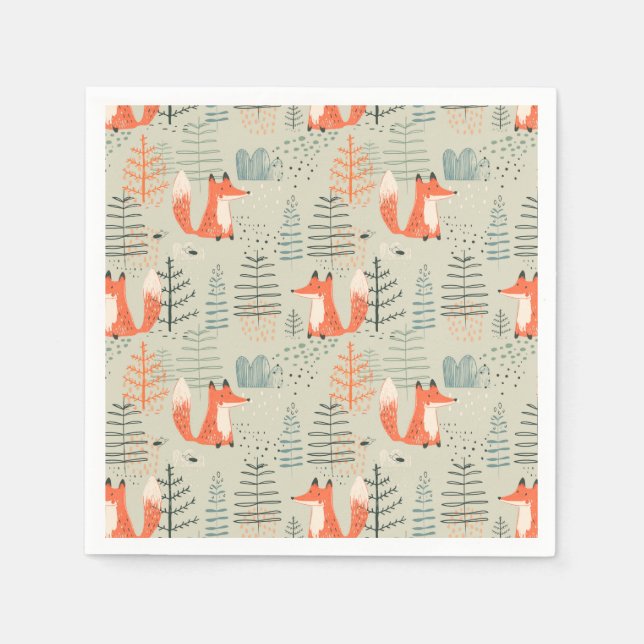 Cute Doodle Fox Forest Woodland Mönster Pappersservett (Framsidan)