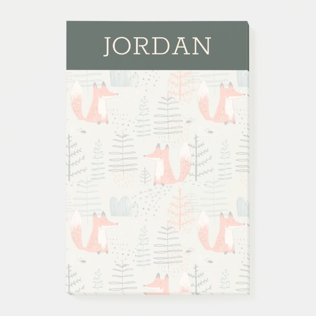 Cute Doodle Fox Forest Woodland Mönster Post-it Block (Framsida)