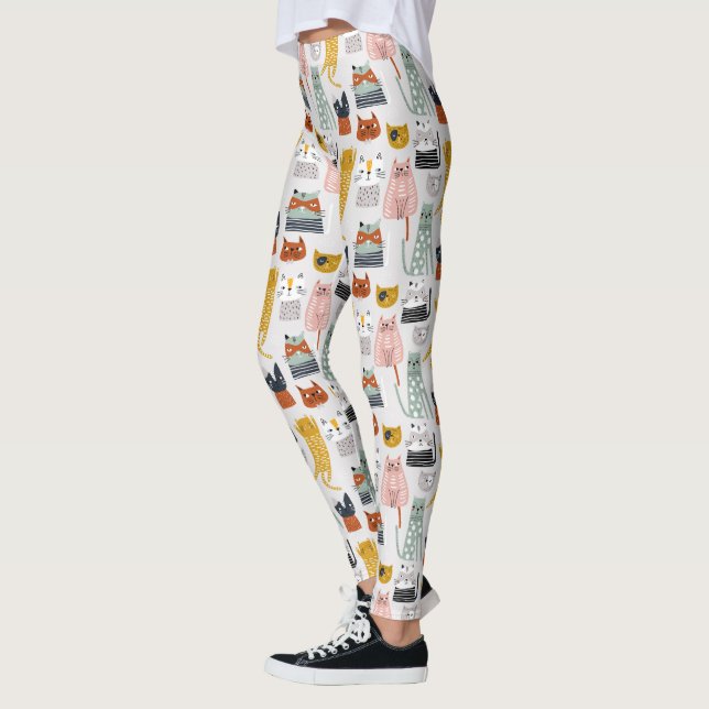 Cute Doodle Hand plockade Cat Mönster Leggings (Vänster)
