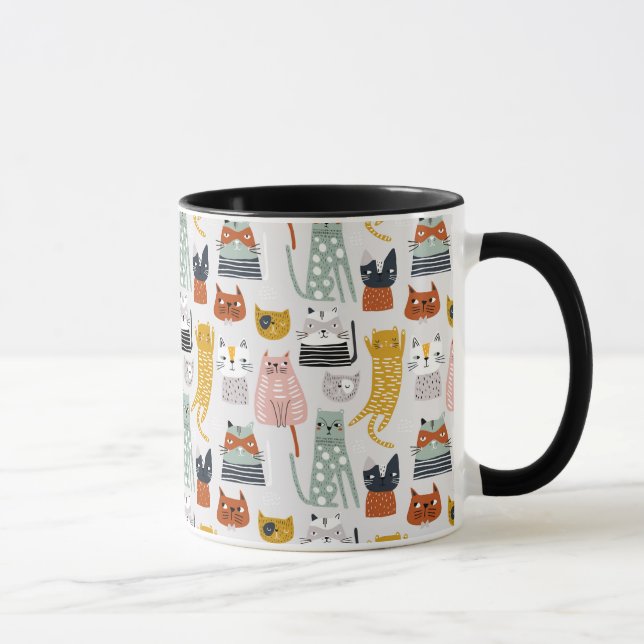 Cute Doodle Hand plockade Cat Mönster Mugg (Höger)