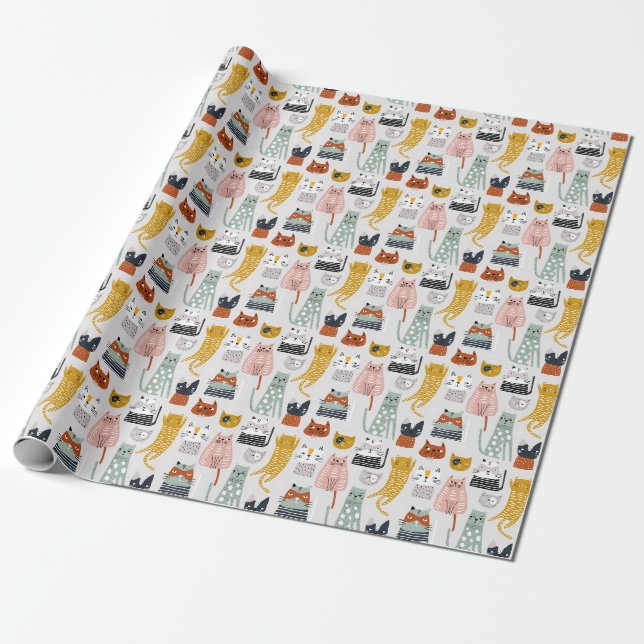 Cute Doodle Hand plockade Cat Mönster Presentpapper (Utrullad)