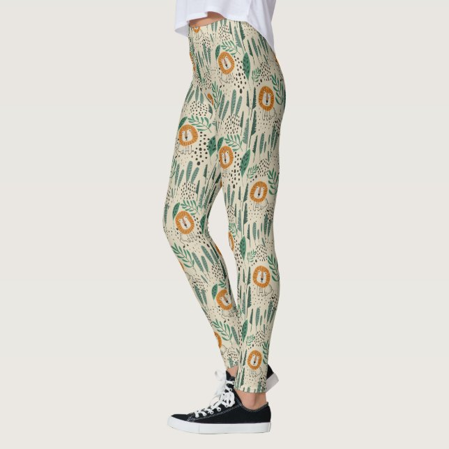 Cute Doodle Lejon Jungle Rainforest Mönster Leggings (Vänster)