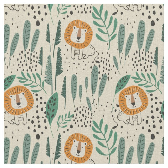 Cute Doodle Lejon Jungle Rainforest Mönster Tyg (Närbild)