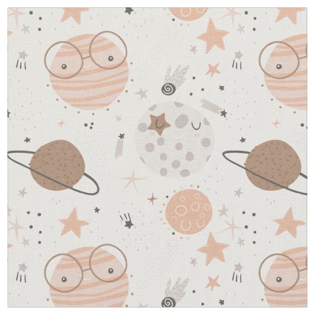 Cute Doodle Planet Mönster Tyg (Närbild)