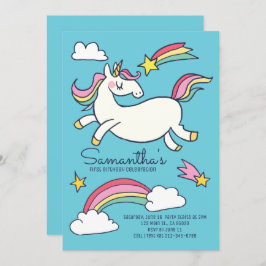 Cute Doodle Rainbow Unicorn Stars födelsedag Inbjudningar