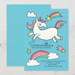 Cute Doodle Rainbow Unicorn Stars födelsedag Inbjudningar