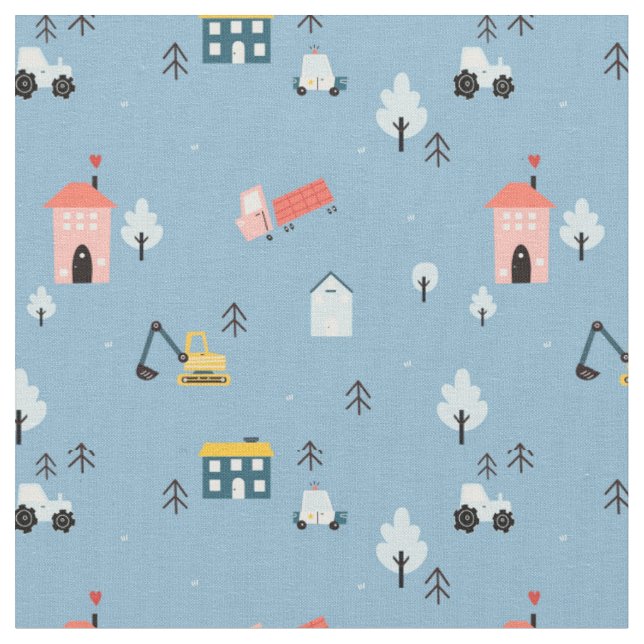 Cute Doodle Town Scene Mönster Tyg (Närbild)