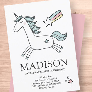 Cute Doodle Unicorn Stars Birthday-inbjudan Inbjudningar