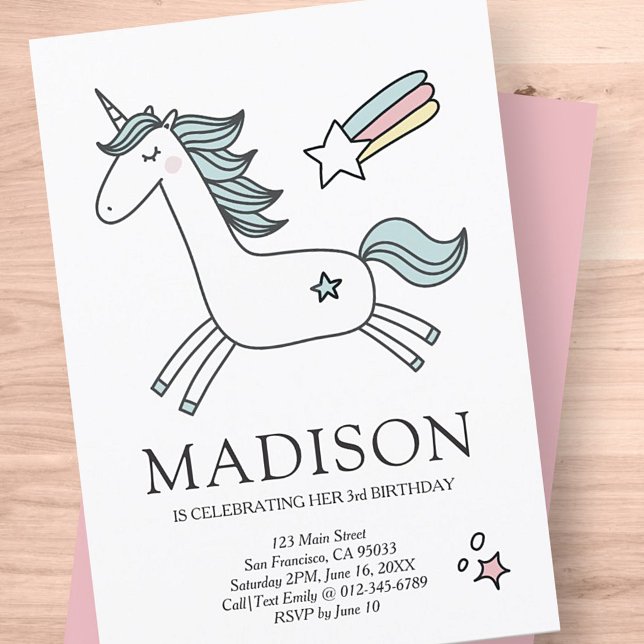 Cute Doodle Unicorn Stars Birthday-inbjudan Inbjudningar (Skapare uppladdad)