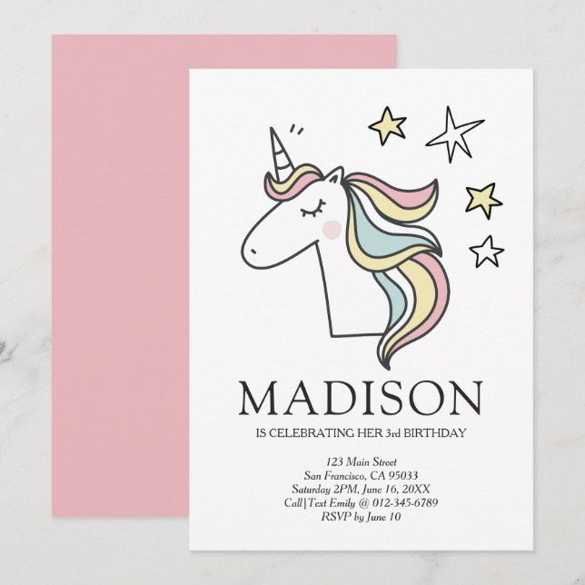 Cute Doodle Unicorn Stars födelsedagsinbjudan Inbjudningar (Fram/baksida)