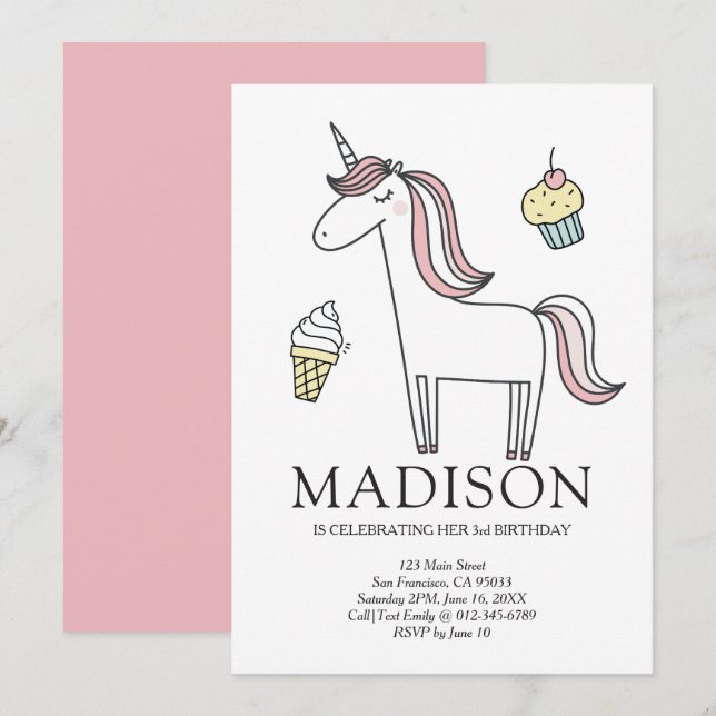 Cute Doodle Unicorn Sweets födelsedagsinbjudan Inbjudningar (Fram/baksida)
