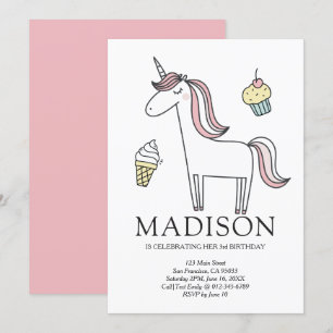 Cute Doodle Unicorn Sweets födelsedagsinbjudan Inbjudningar