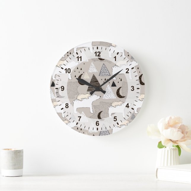 Cute Doodle Woodland Bear Mönster Stor Klocka (Hem)