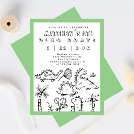Cute Doodles Sage Grönt Dino Party Kid's Birthday Inbjudningar
