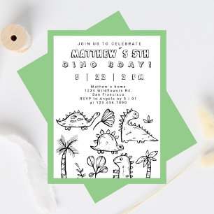 Cute Doodles Sage Grönt Dino Party Kid's Birthday Inbjudningar