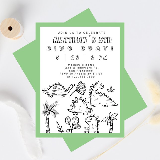 Cute Doodles Sage Grönt Dino Party Kid's Birthday Inbjudningar (Cute Dino Doodles Sage Green Dino Party Kid´s Birthday Invitation)