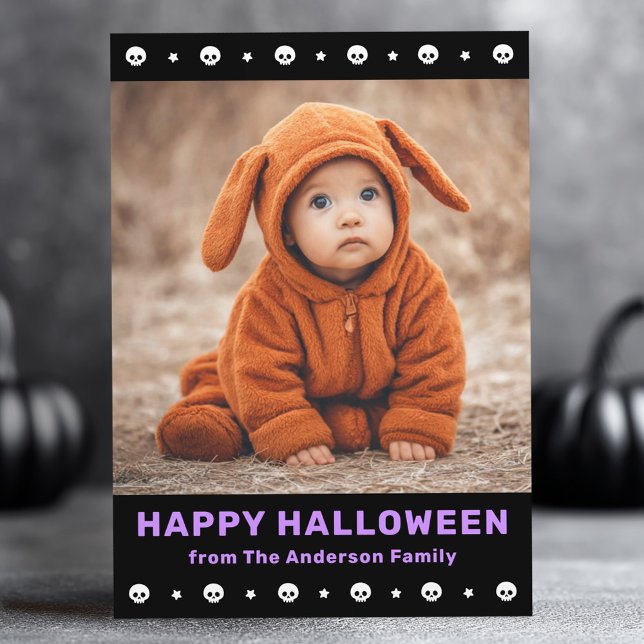 Cute döskallar gräns och stjärnor svart Halloween- Julkort (Cute skulls border and stars black Halloween photo Holiday Card)