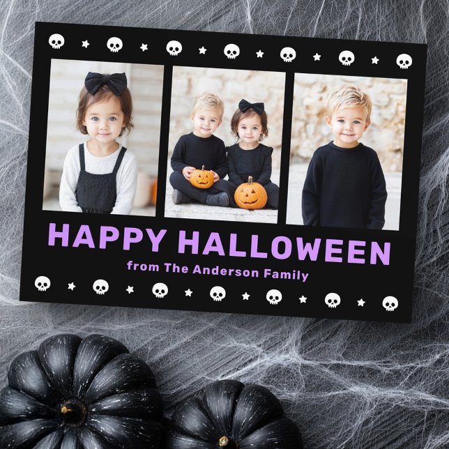 Cute döskallars and stars black lila Halloween-fot Julkort (Cute skulls and stars black purple Halloween photo Holiday Card)