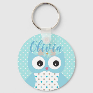 Cute Dotty Blue Uggla Art Personlig Nyckelring
