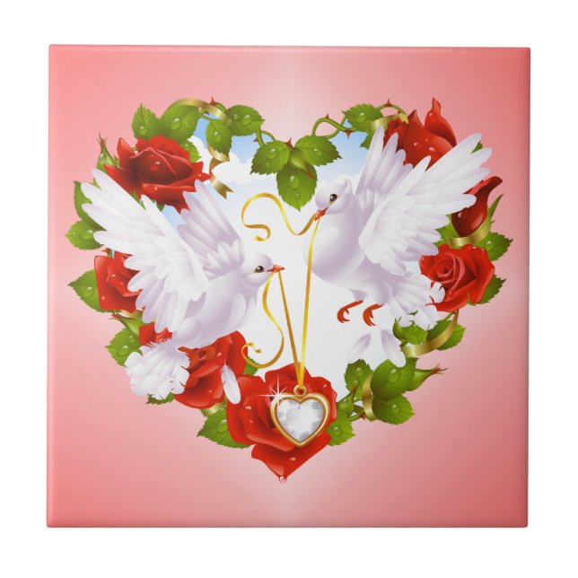 Cute Doves, Röd ros, Heart Kakelplatta (Framsidan)