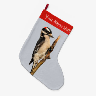 Cute Downy Woodpecker på Fruit Träd Stor Julstrumpa