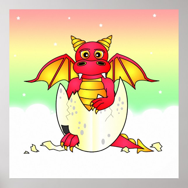 Cute Dragon Baby i Cracks Egg - Red/Gult Poster (Framsidan)