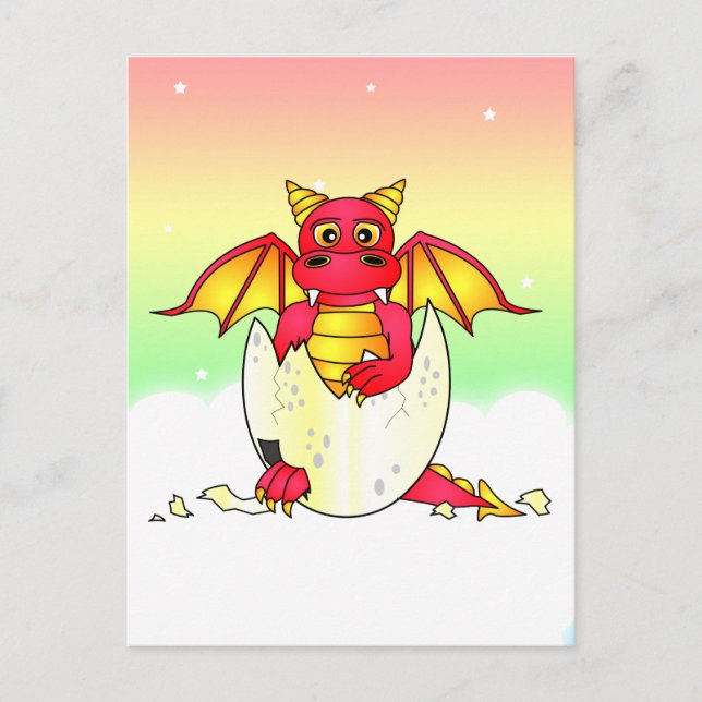 Cute Dragon Baby i Cracks Egg - Red/Gult Vykort (Framsida)